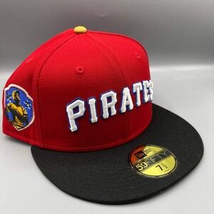 Pittsburgh Pirates Hat Men 7 1/2 Red Black 59Fifty New Era MLB Snap Back Cap New